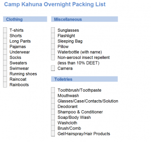 Camp sleepover packing list